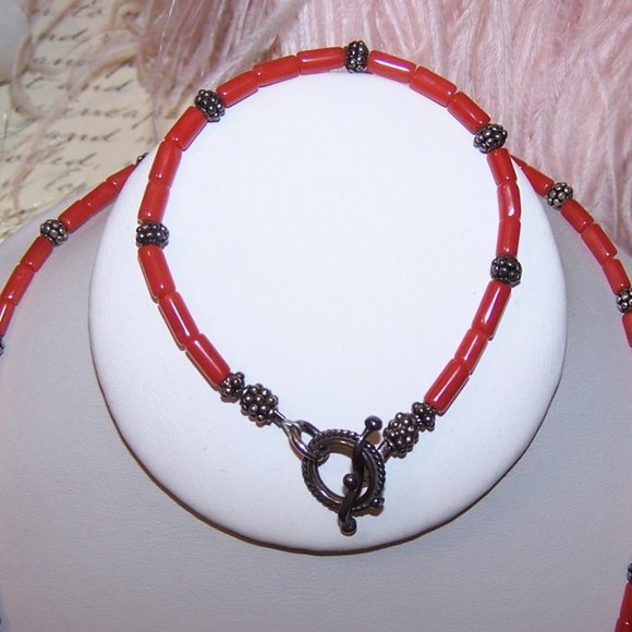 Sterling Silver and Red Coral Bead Necklace and Bracelet - Picture 3 of 8